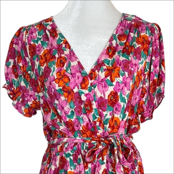 Zara Pink and Red Floral Print Short Sleeve Mini Wrap Dress Size Large - Picture 6 of 9